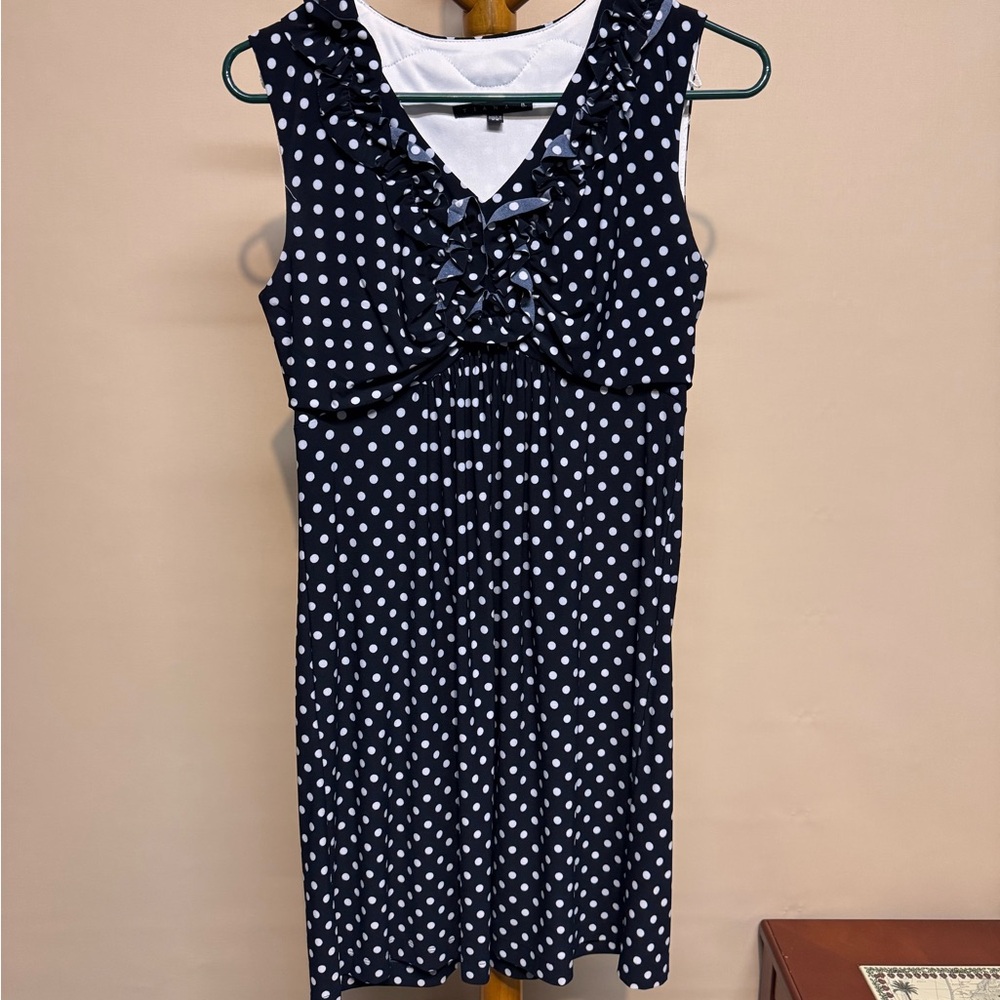 Women’s Tiana B Sleeveless Navy Polka Dot Ruffled Spring or Summer Dress